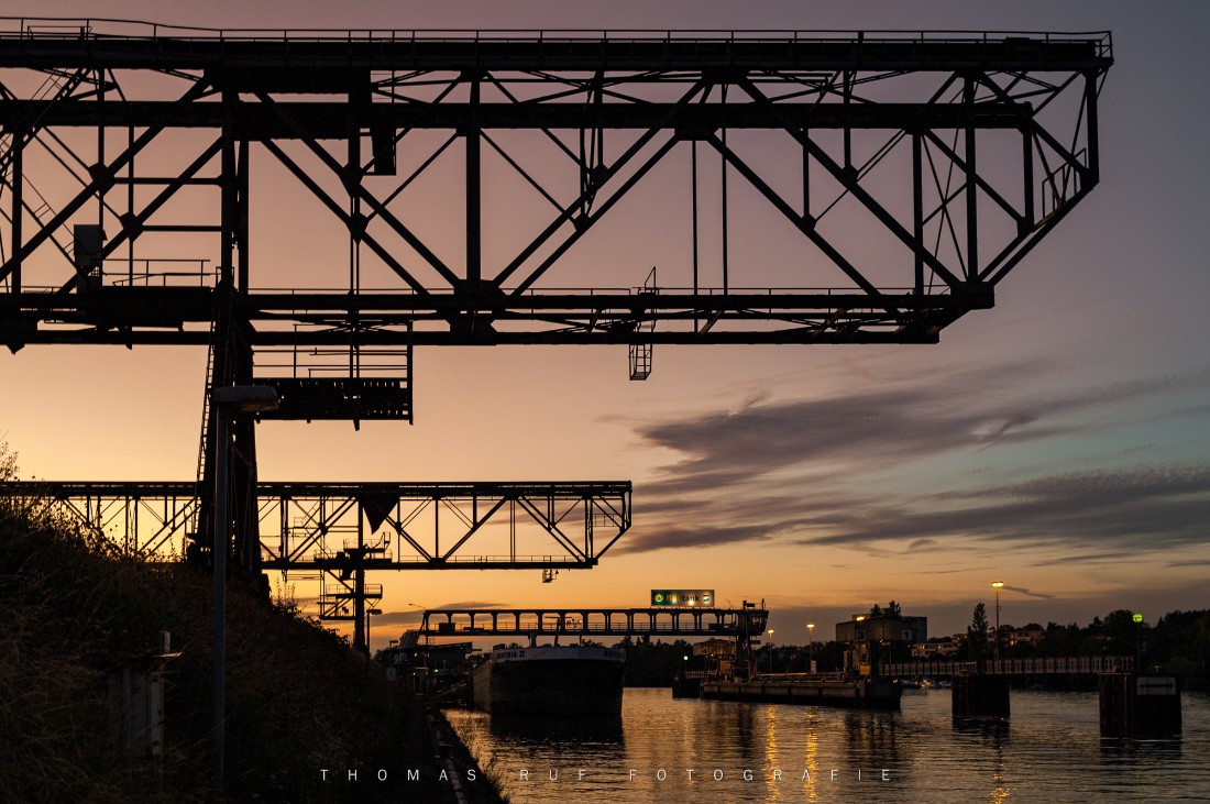 Alte Hafenkrräne im Basler Rheinhafen bei Birsfelden im warmen Abendlicht
